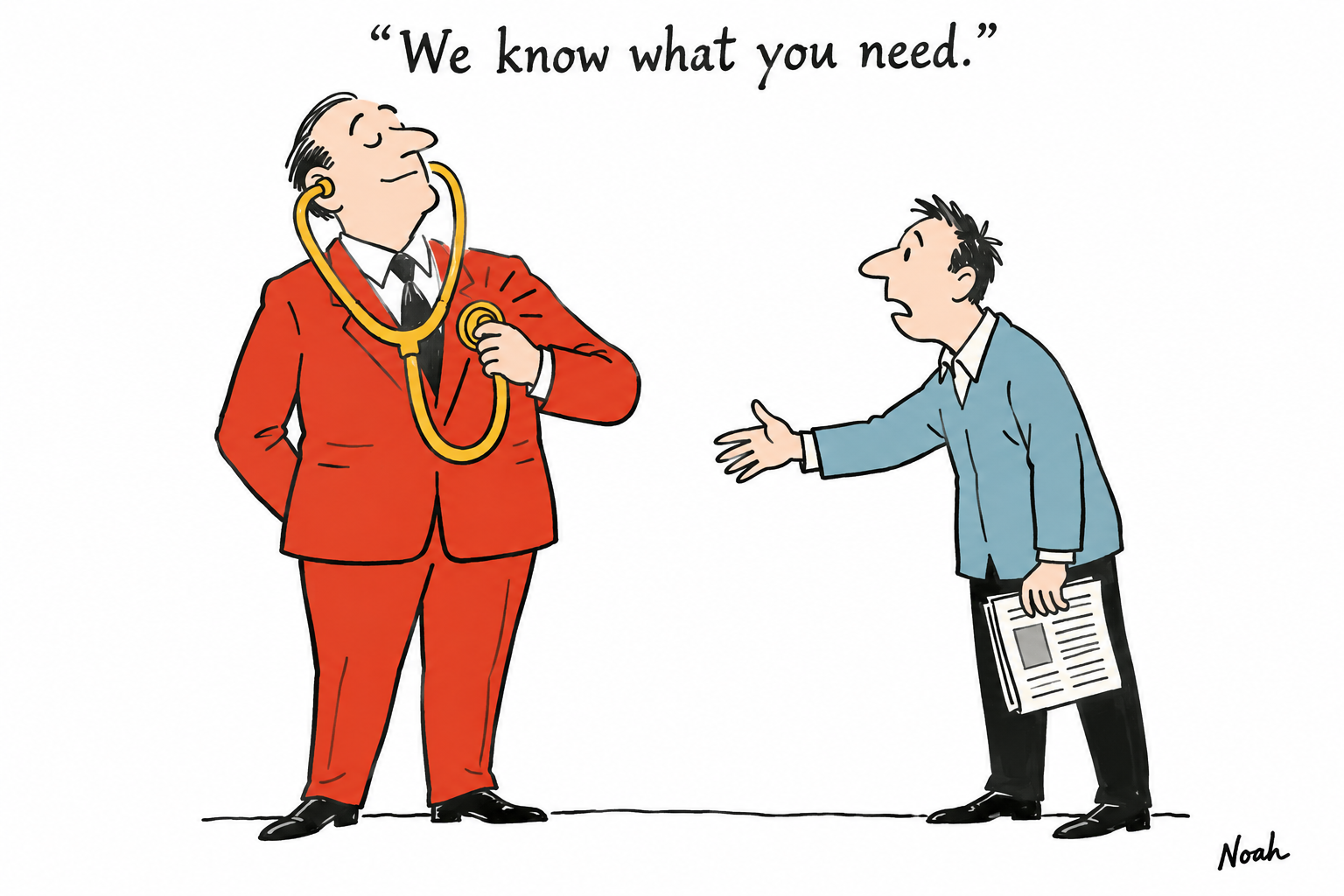 A news editor listens to his own chest through an enormous gold stethoscope while a reader waits to be heard.