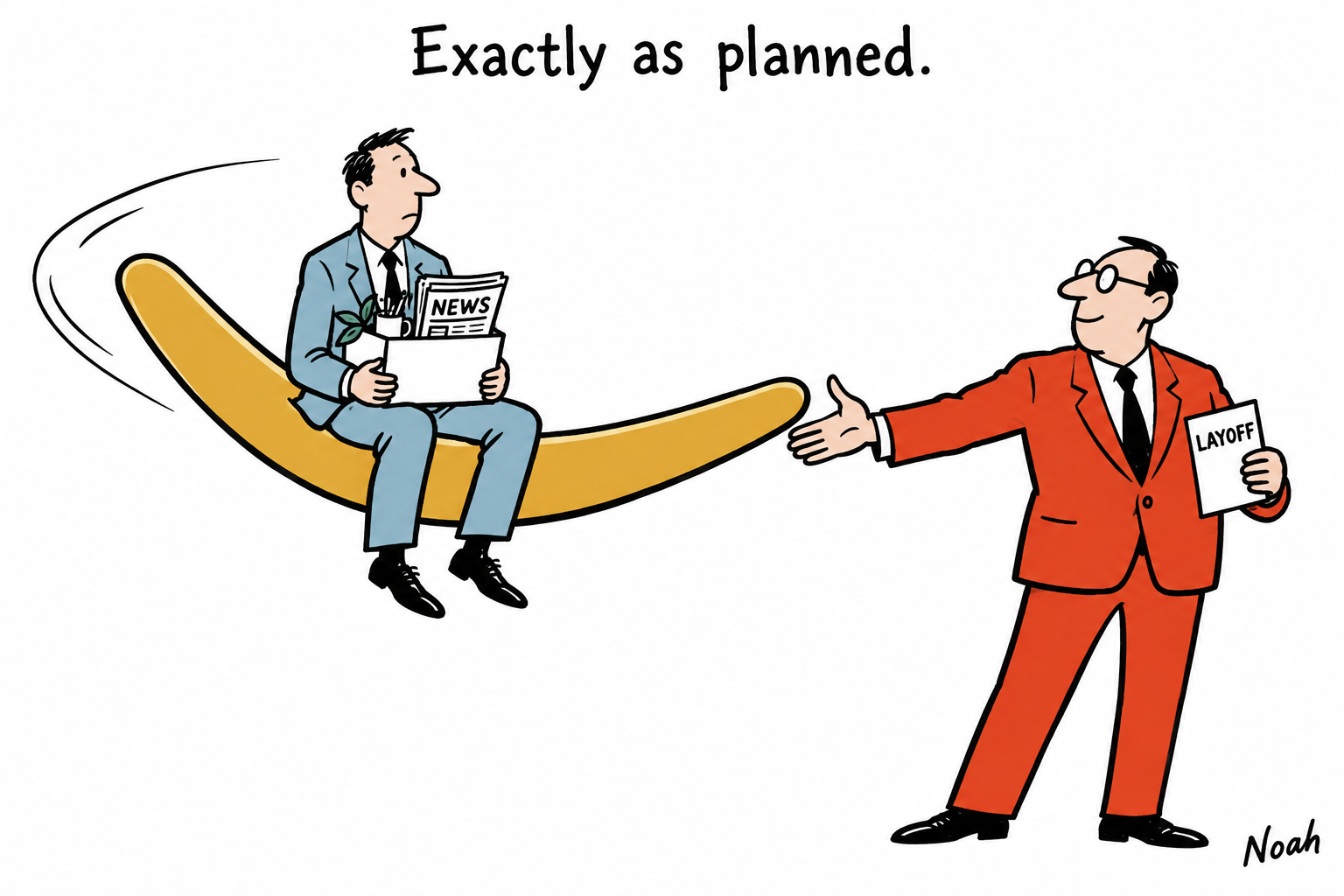 A manager holding a layoff notice catches a returning gold boomerang carrying a journalist and their box of desk belongings.