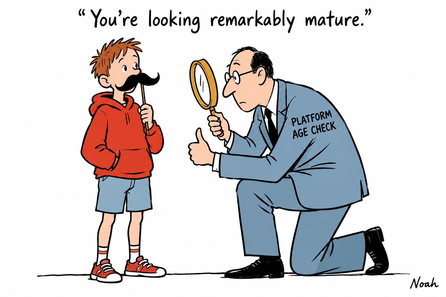 A platform age-checker solemnly inspects a teenager's obvious stick-on moustache through an enormous gold magnifying glass.