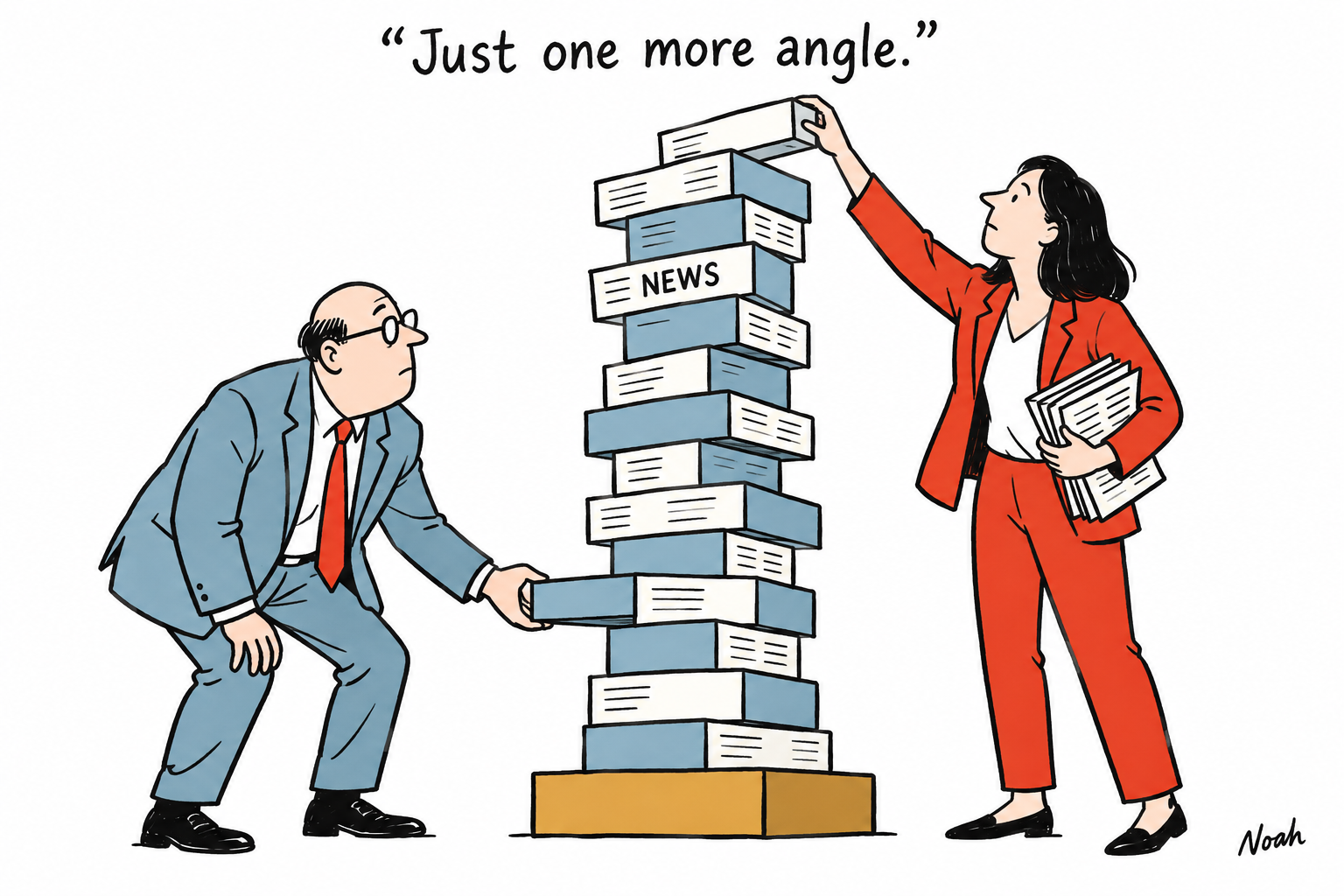 A reporter adds another news block to a precarious tower while an editor tries to reduce it by removing a lower block.