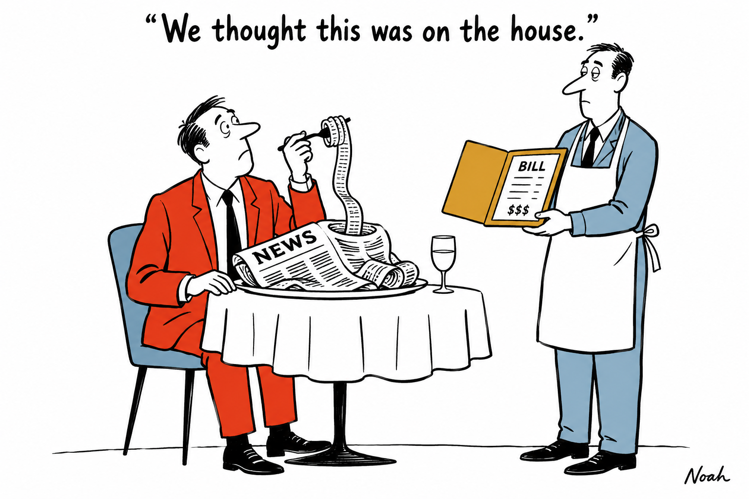 A platform diner eats newspaper text like pasta while a journalist waiter presents a bill for the news.