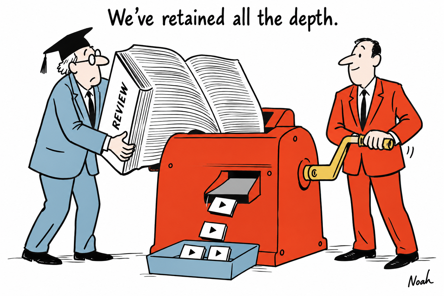 An academic’s thick review volume is fed into a paper-cutting machine that produces only tiny video cards.