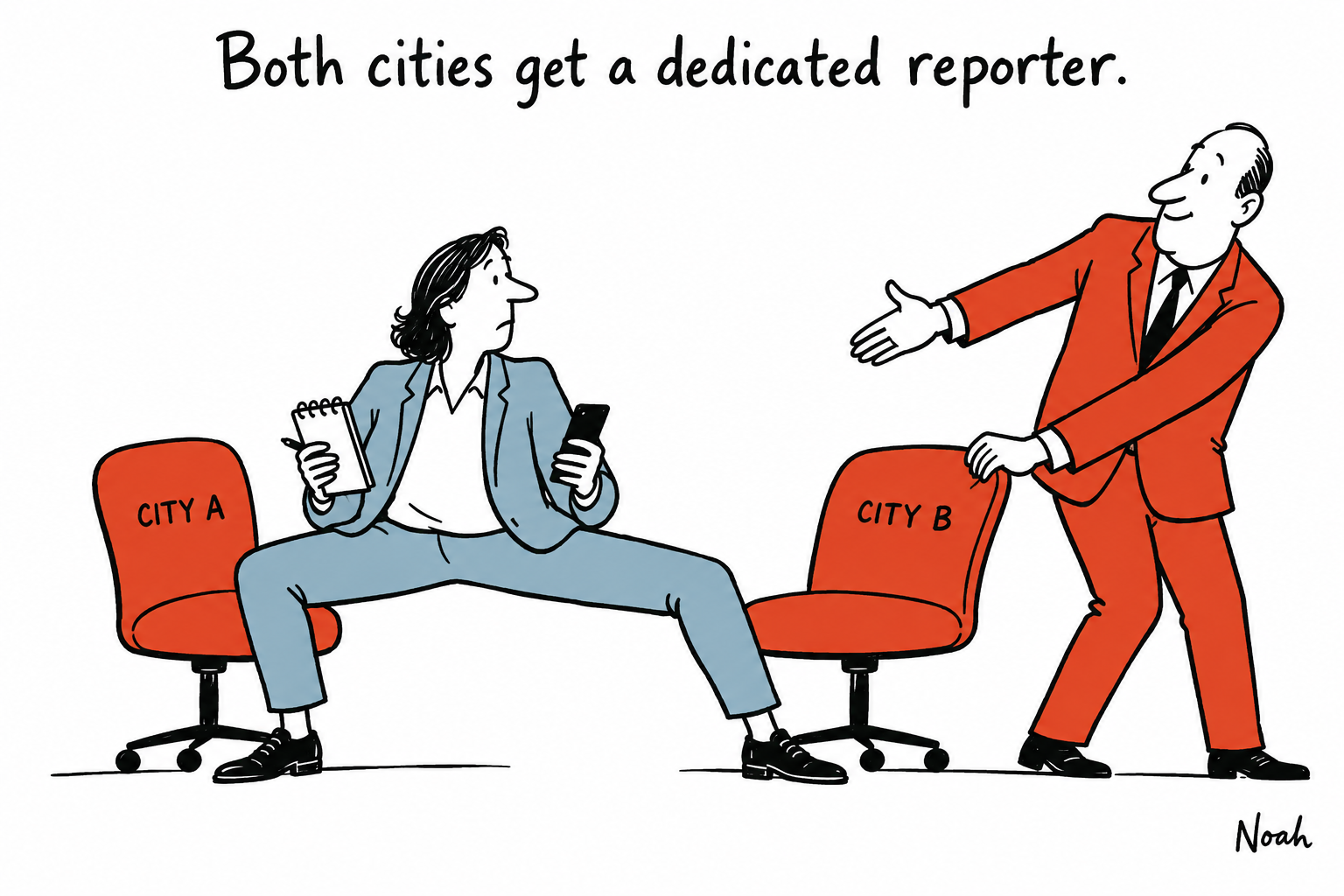 A single journalist tries to sit across two city chairs while a manager pulls the chairs farther apart.