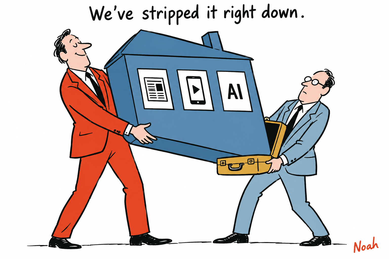 Two founders try to pack an enormous publishing house spanning news, video and AI into a tiny gold briefcase.