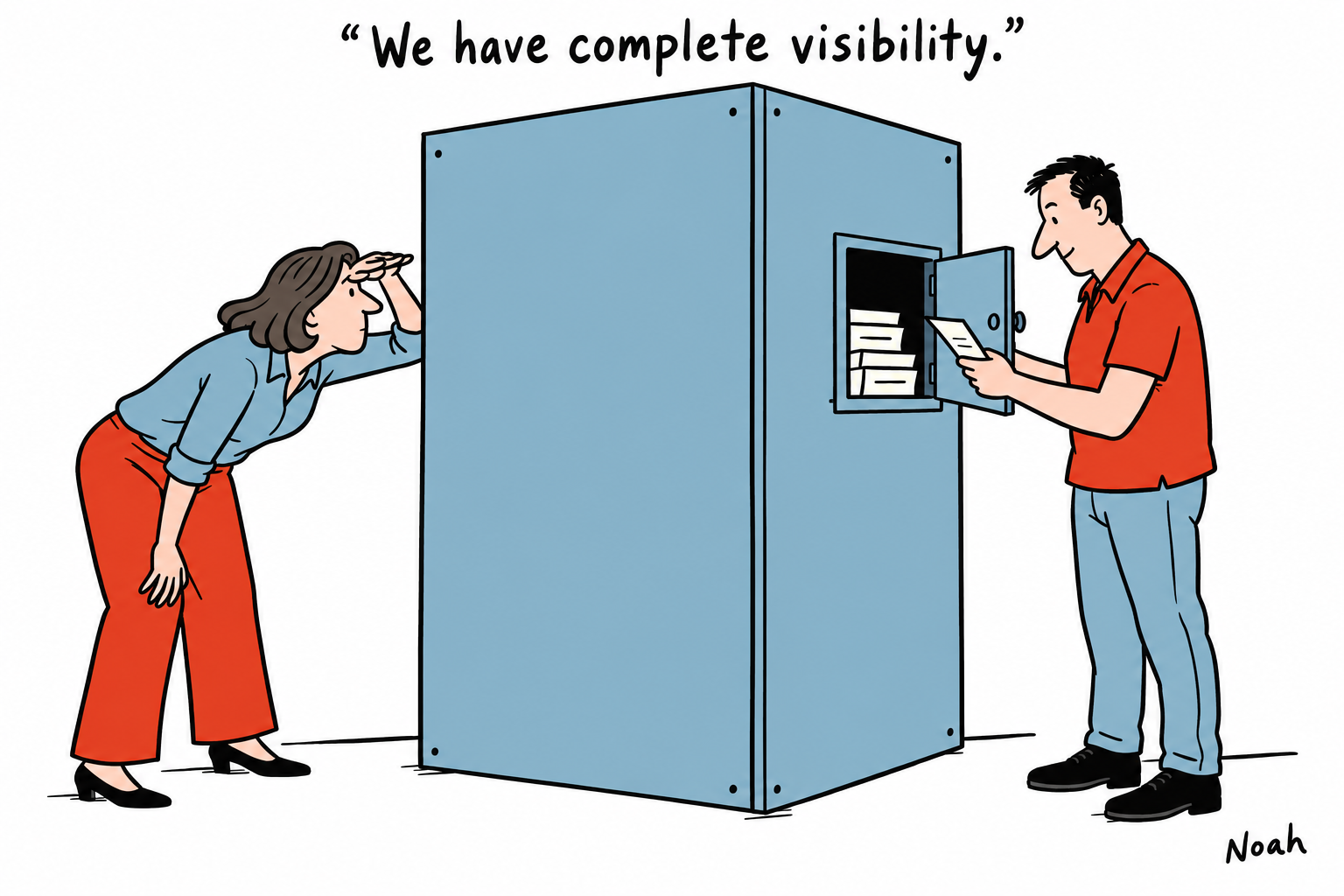 A publisher in a blue shirt and red trousers tries to peer through the solid back of a large blue cabinet. On the other side, a technician in a red shirt reads records through an open inspection hatch. Above them the caption reads “We have complete visibility.” A small Noah signature is at bottom right.