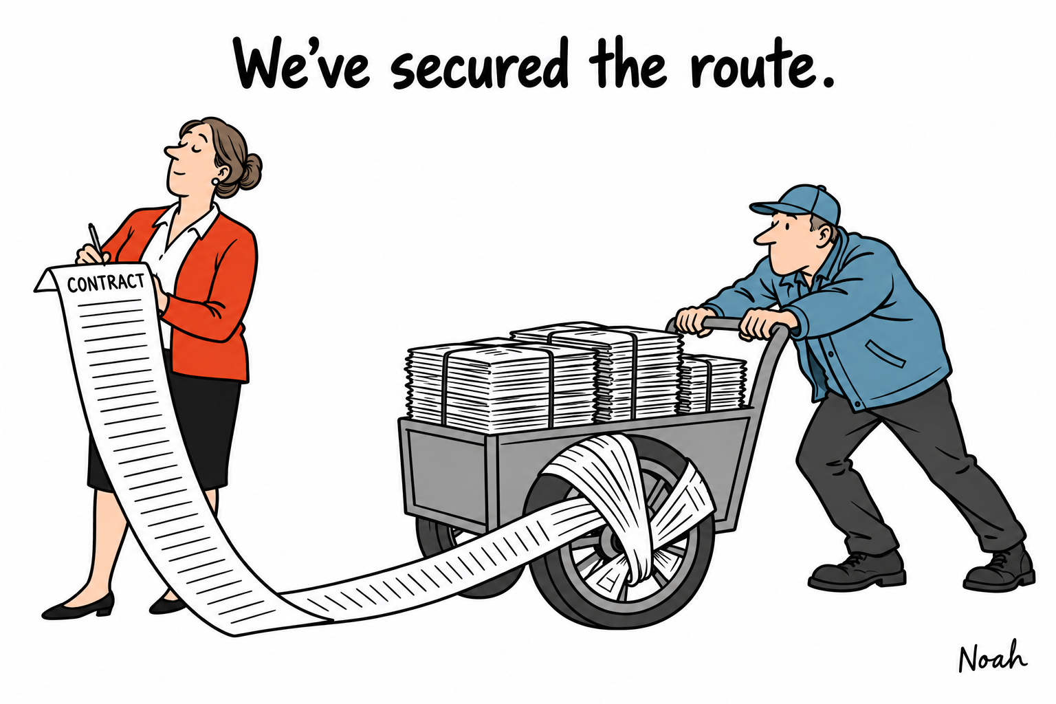 A contracts clerk says We have secured the route while a long signed contract winds around the wheel of a courier’s newspaper trolley, preventing it from moving.