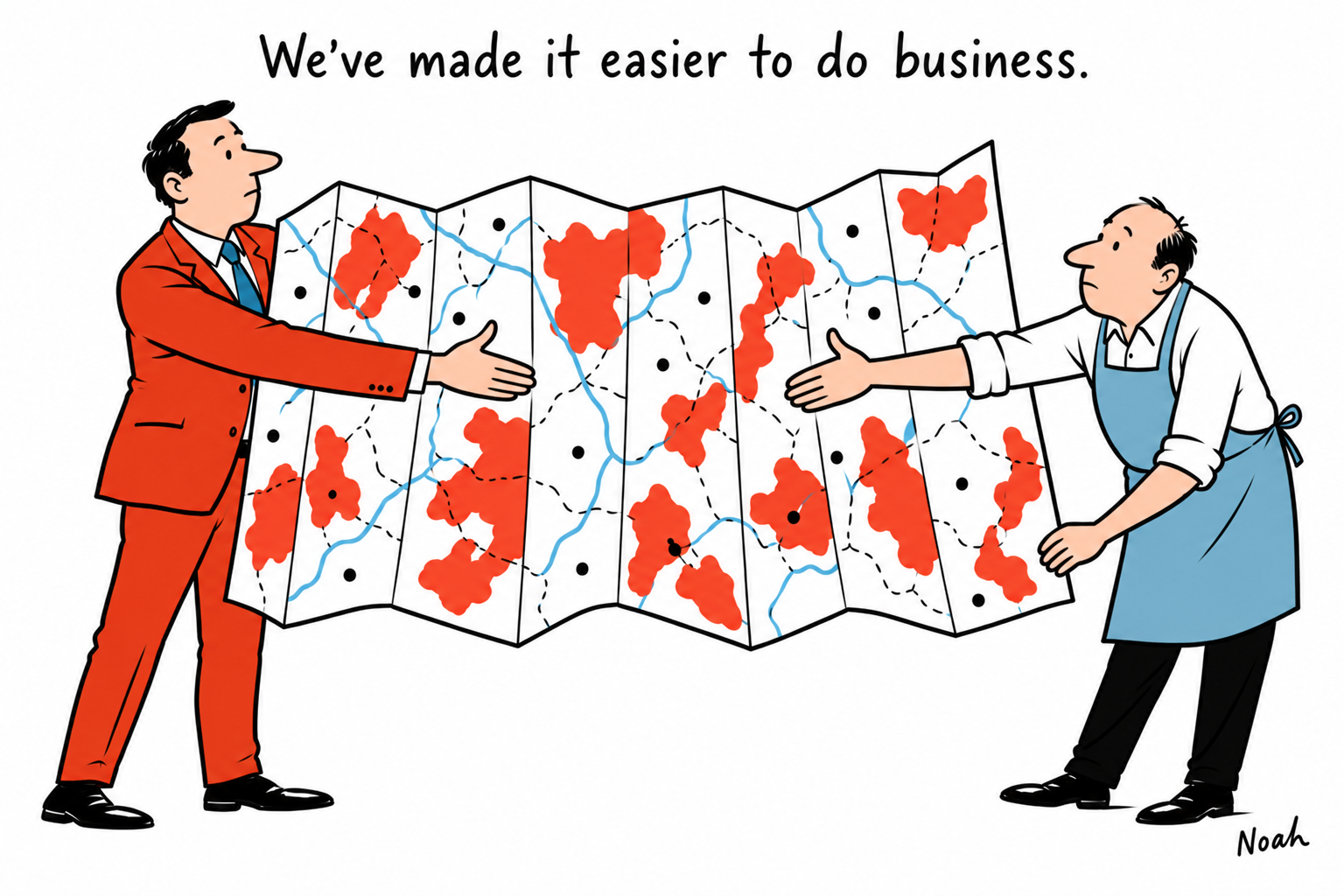 A confident advertising planner in red and a shopkeeper in blue stretch towards a handshake, kept apart by an enormous unfolded audience map. The caption reads, “We’ve made it easier to do business.”