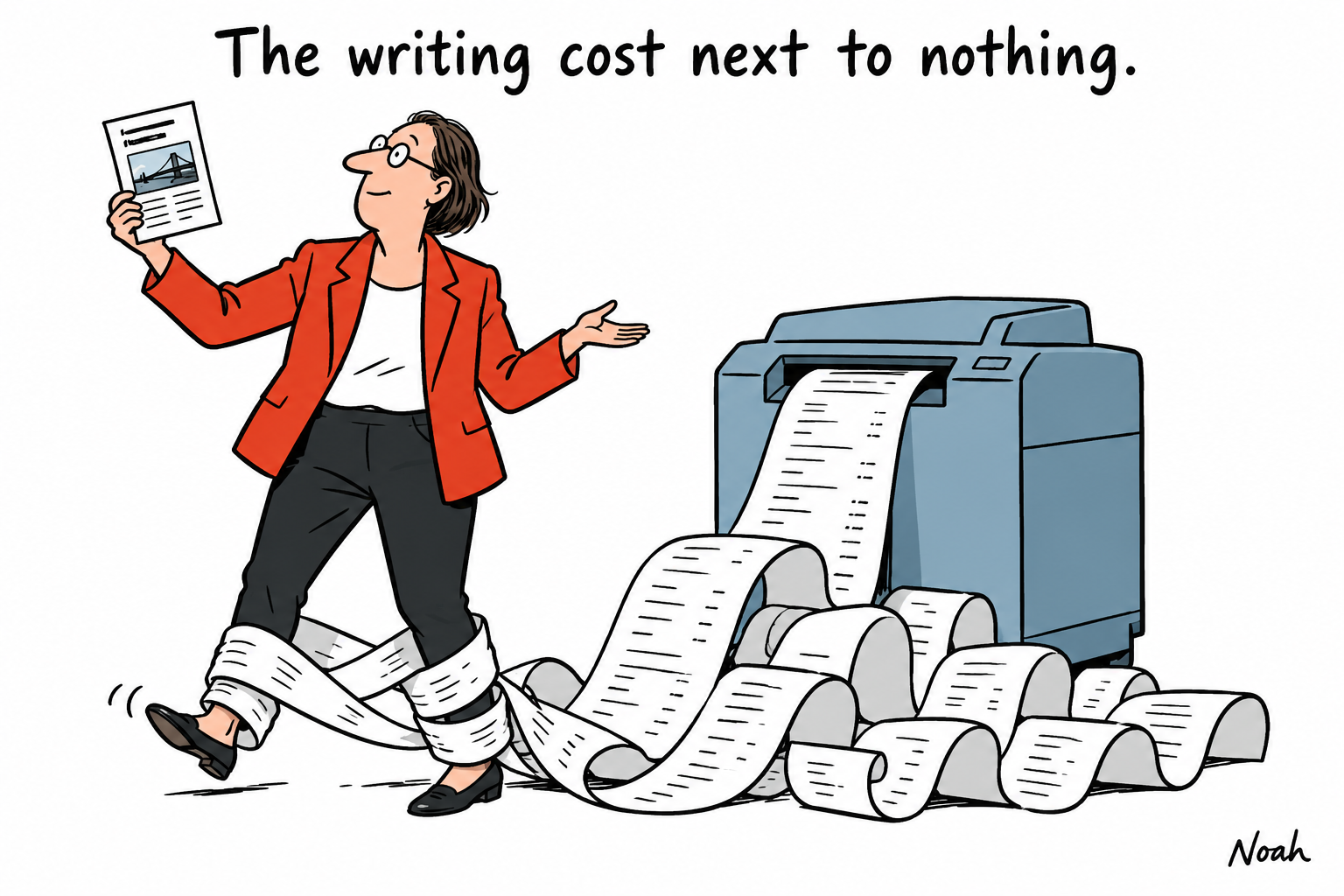 An editor holds a small finished story while a huge bill from its printer winds around their ankles. The caption reads, “The writing cost next to nothing.”