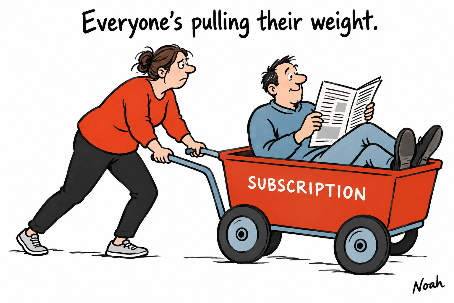 A woman strains to push a subscription cart carrying a relaxed man reading a newspaper. The caption reads Everyone’s pulling their weight; signed Noah.