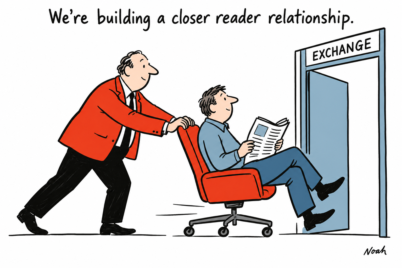A red-clad publisher pushes a blue-clad reader in a wheeled chair through a doorway marked Exchange, while claiming a closer reader relationship.