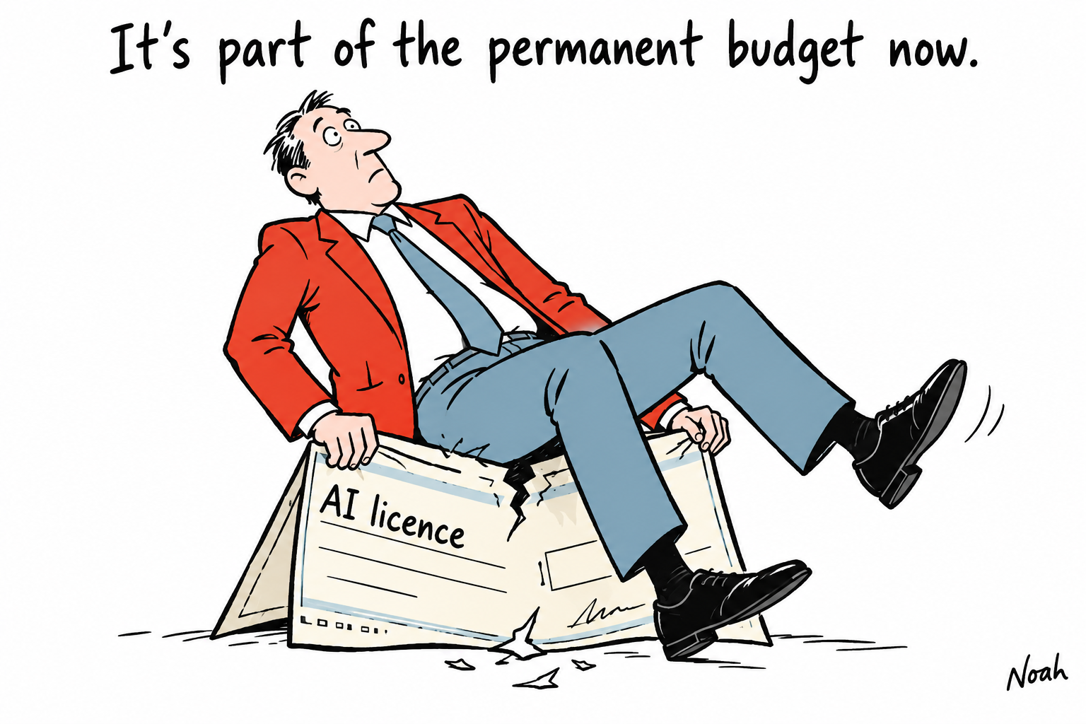A publisher in a red jacket sits on a giant cheque folded into a stool, which buckles beneath him.