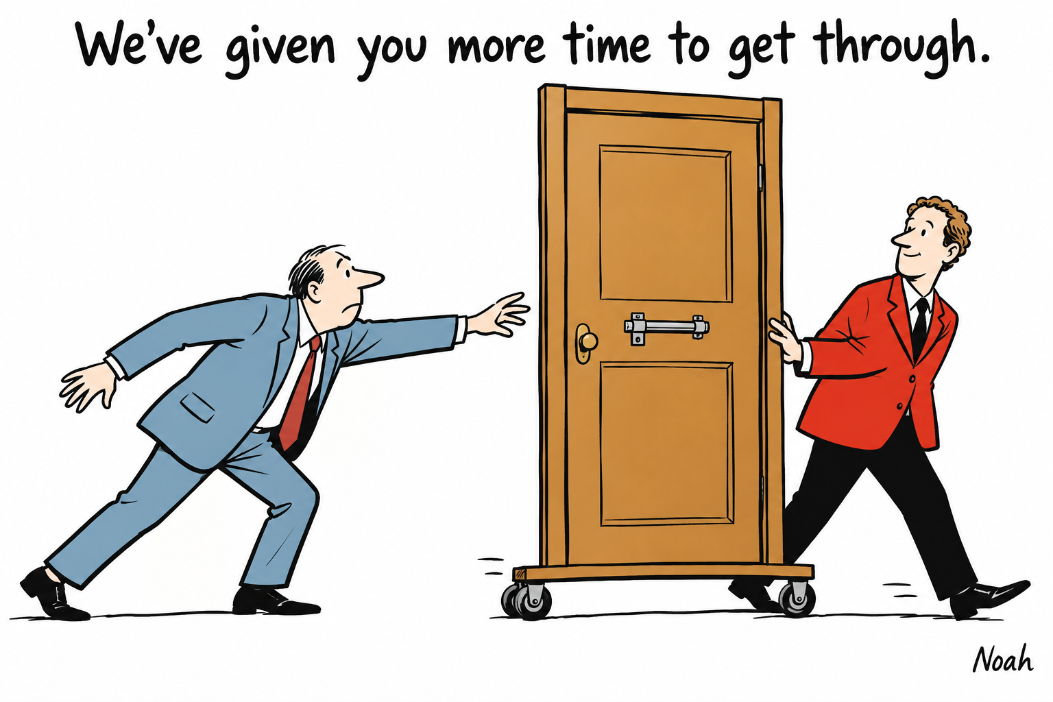 A corporate host pulls a still-bolted door on wheels away from a publisher reaching for its handle. The caption reads: “We’ve given you more time to get through.”