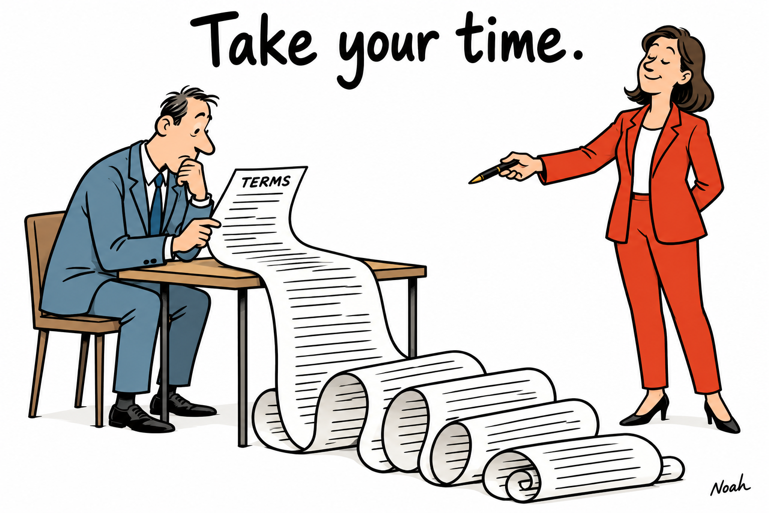 A publisher reads a long contract that spills from a table and coils across the floor while a corporate representative offers a pen. The caption reads: “Take your time.”