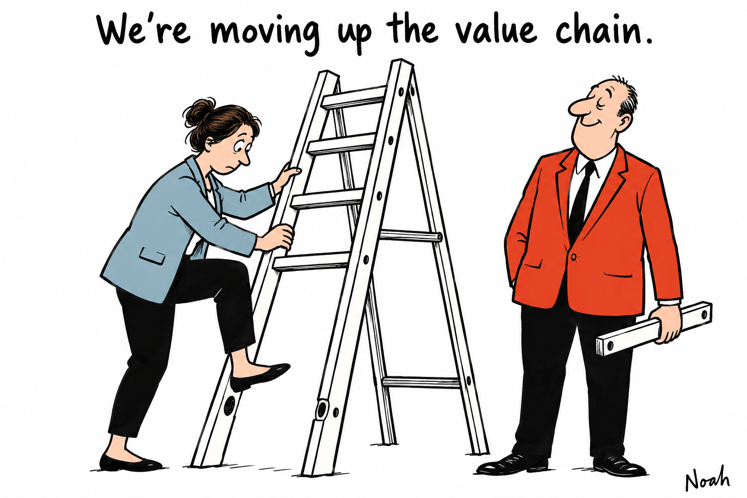 A publisher holds a removed ladder rung while a journalist struggles to take the first step. The caption reads: “We’re moving up the value chain.”