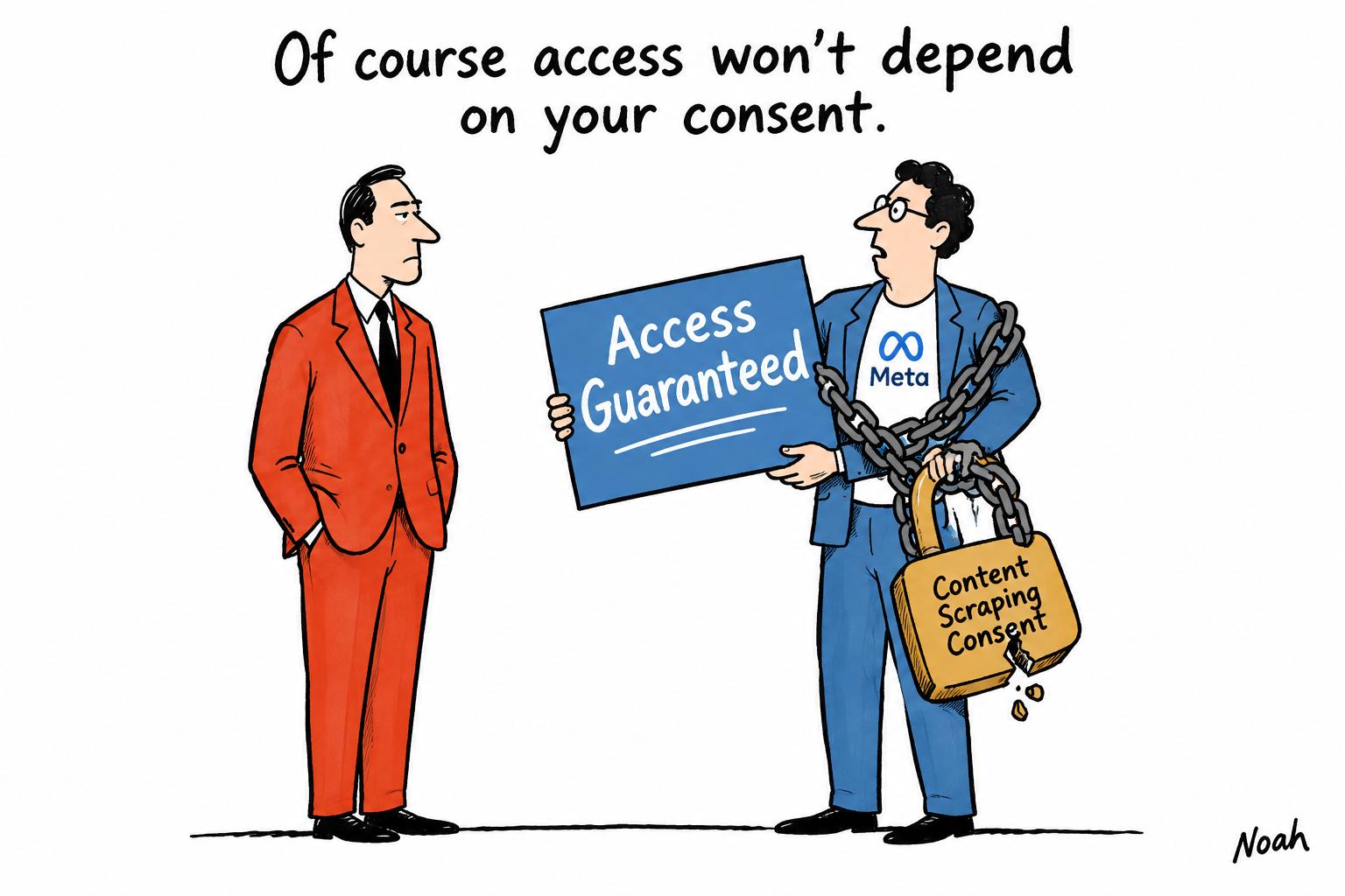 Editorial cartoon accompanying: Publishers demand Meta access without consent to content scraping