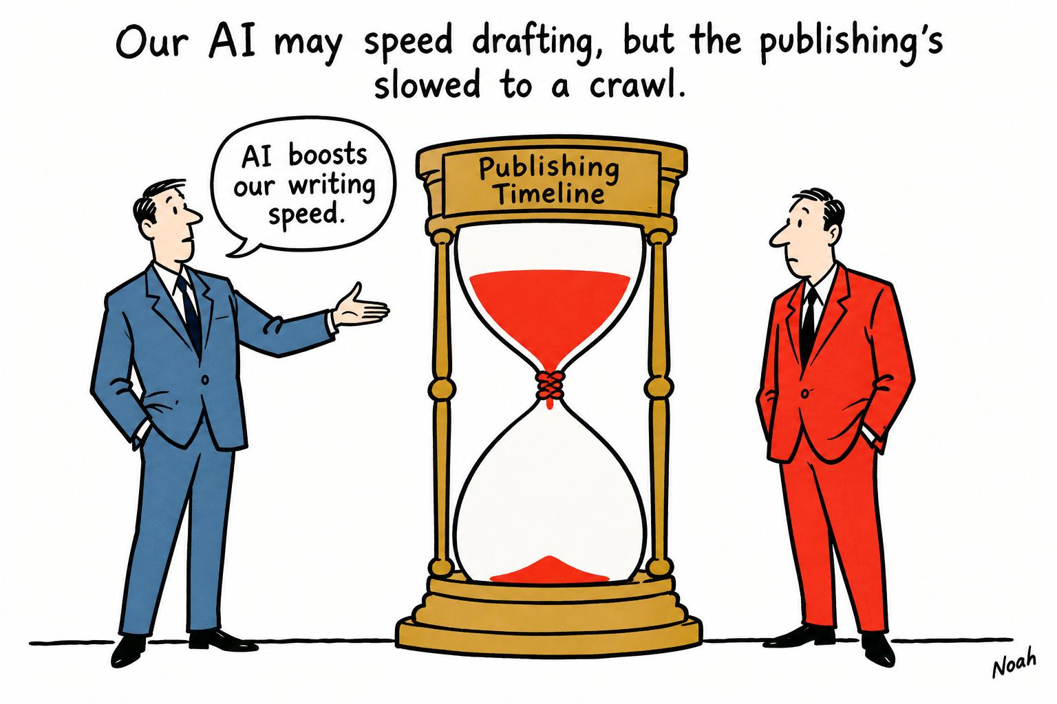 Editorial cartoon accompanying: HubSpot found AI made writers faster — but publishing slower