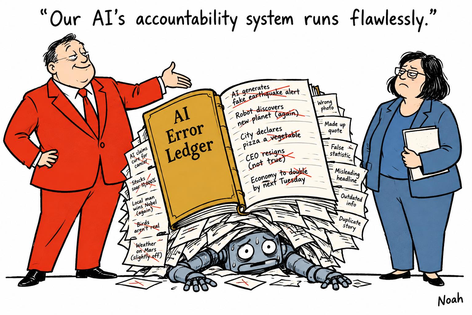 Editorial cartoon accompanying: Forkast’s AI newsroom keeps an error ledger to make automation accountable