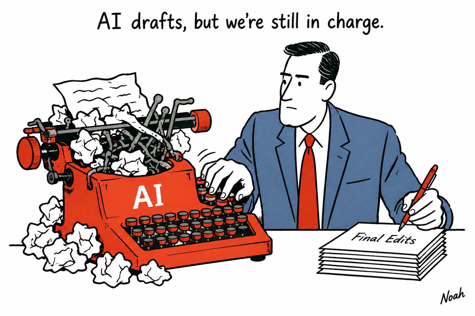 Editorial cartoon accompanying: Projekt Y launches Denmark’s AI newsroom experiment with editors still in charge