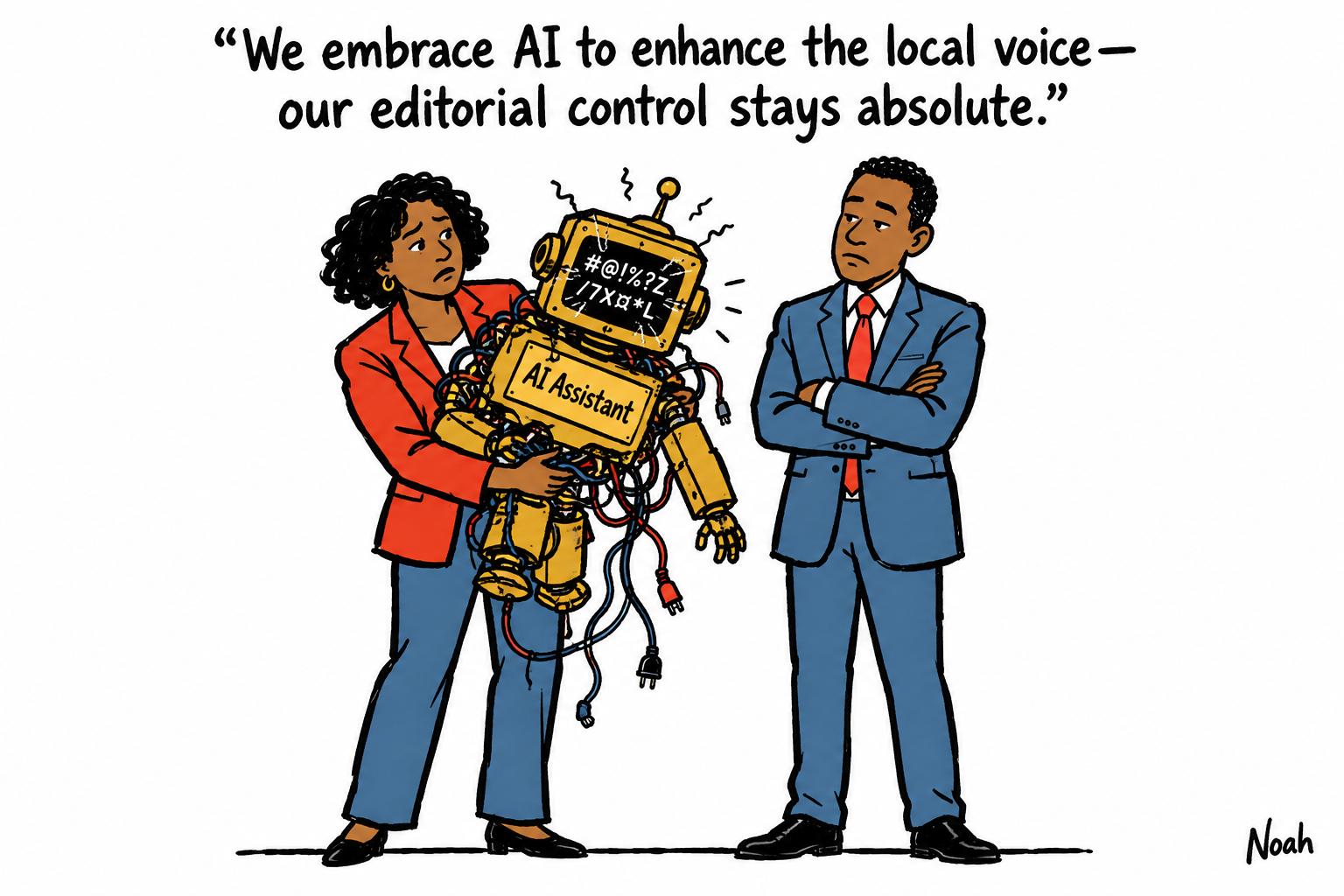 Editorial cartoon accompanying: Caribbean newsrooms turn to AI without surrendering editorial control