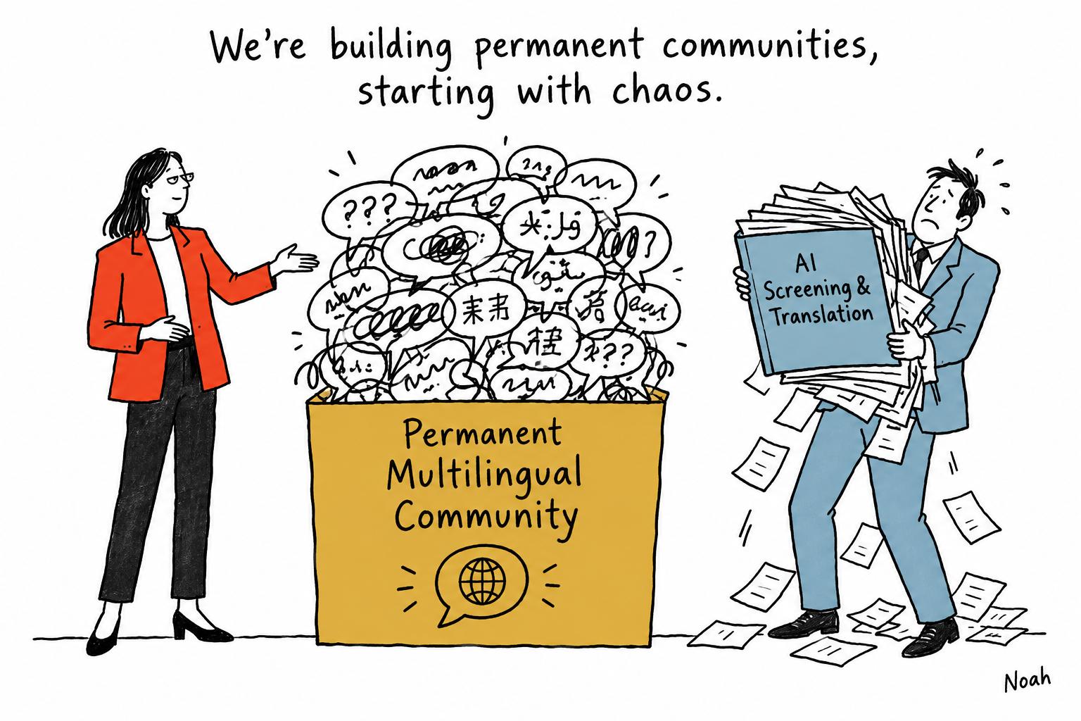 Editorial cartoon accompanying: Discourse wants publishers to turn comment sections into permanent, multilingual communities