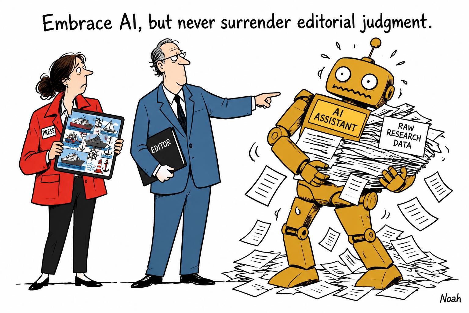 Editorial cartoon accompanying: Maritime journalists urged to use AI without surrendering editorial judgement