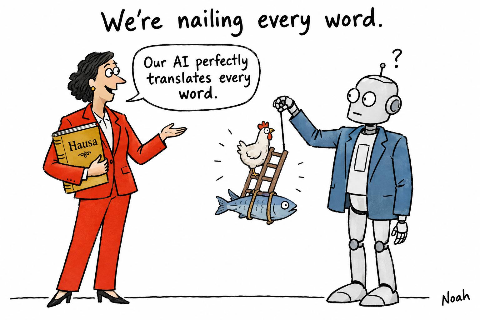 Editorial cartoon accompanying: AI can translate Hausa words but still misses what they mean