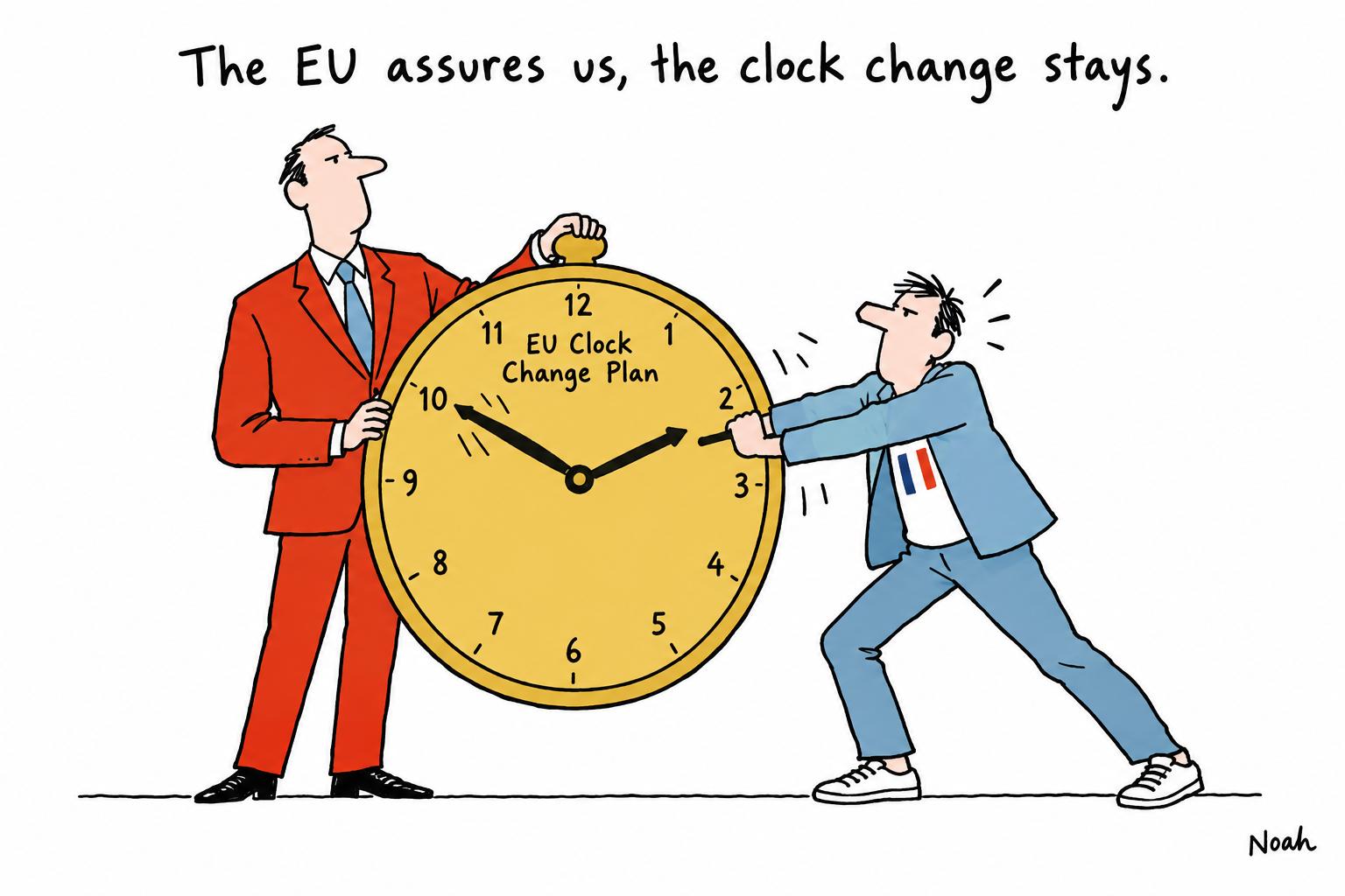 Editorial cartoon accompanying: Europe’s clock change survives as France turns back time on 25 October 2026