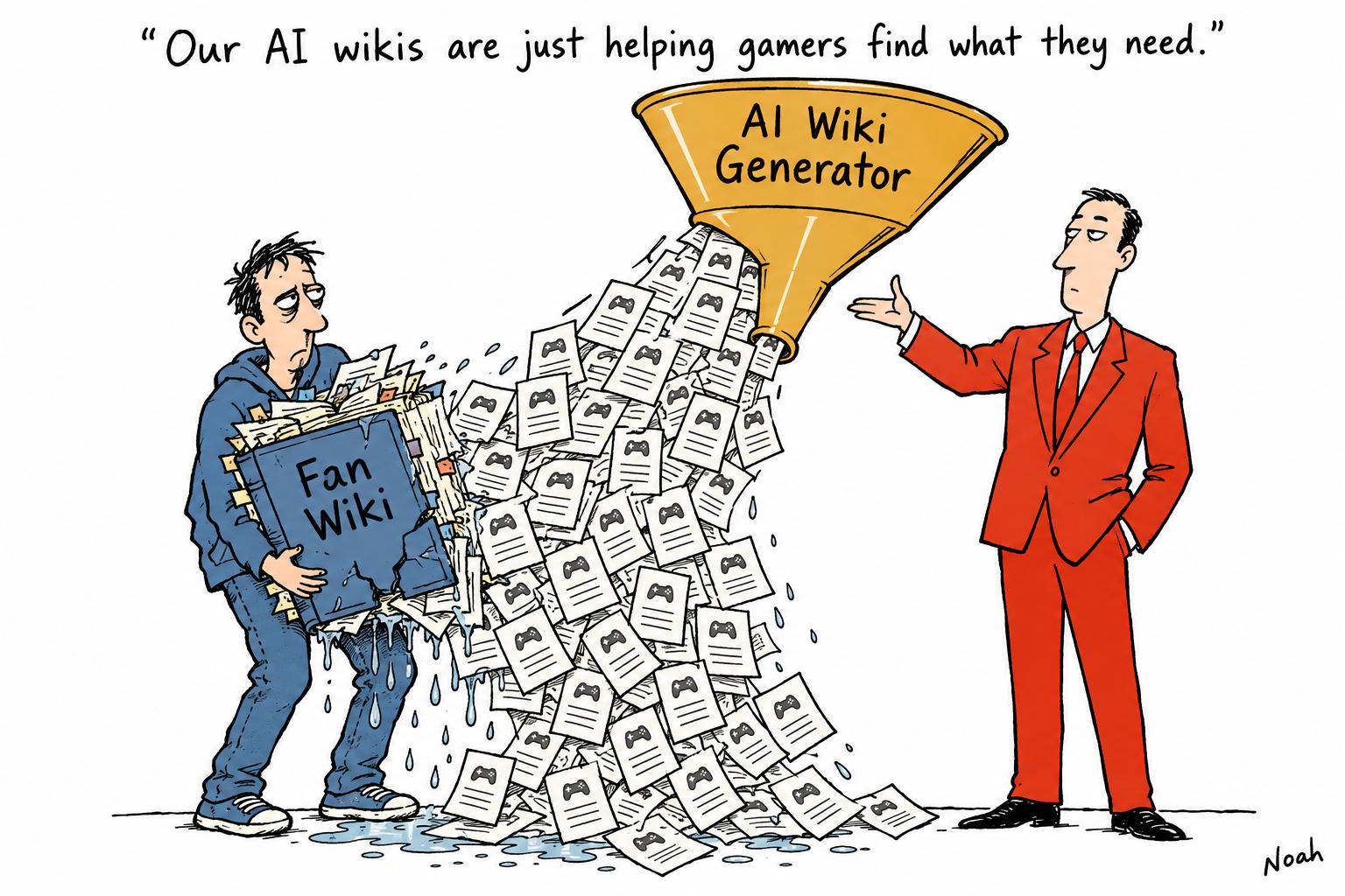 Editorial cartoon accompanying: AI-made game wikis are flooding search results and squeezing out fan communities