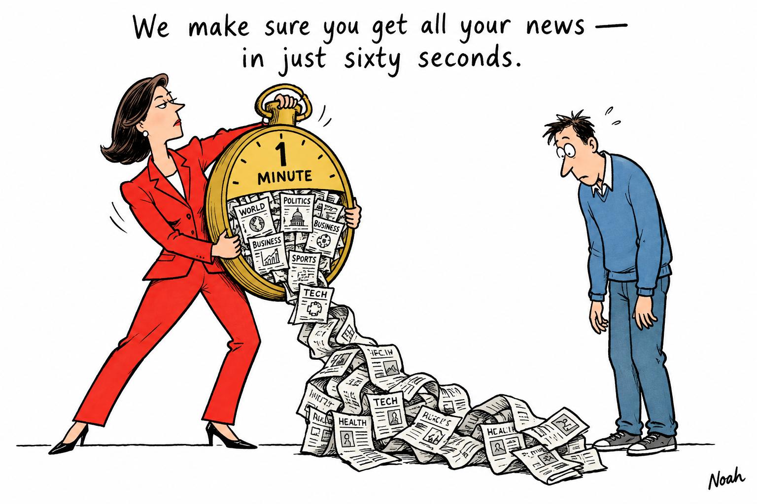 Editorial cartoon accompanying: Rock River Current compresses a week of local news into one-minute video briefings
