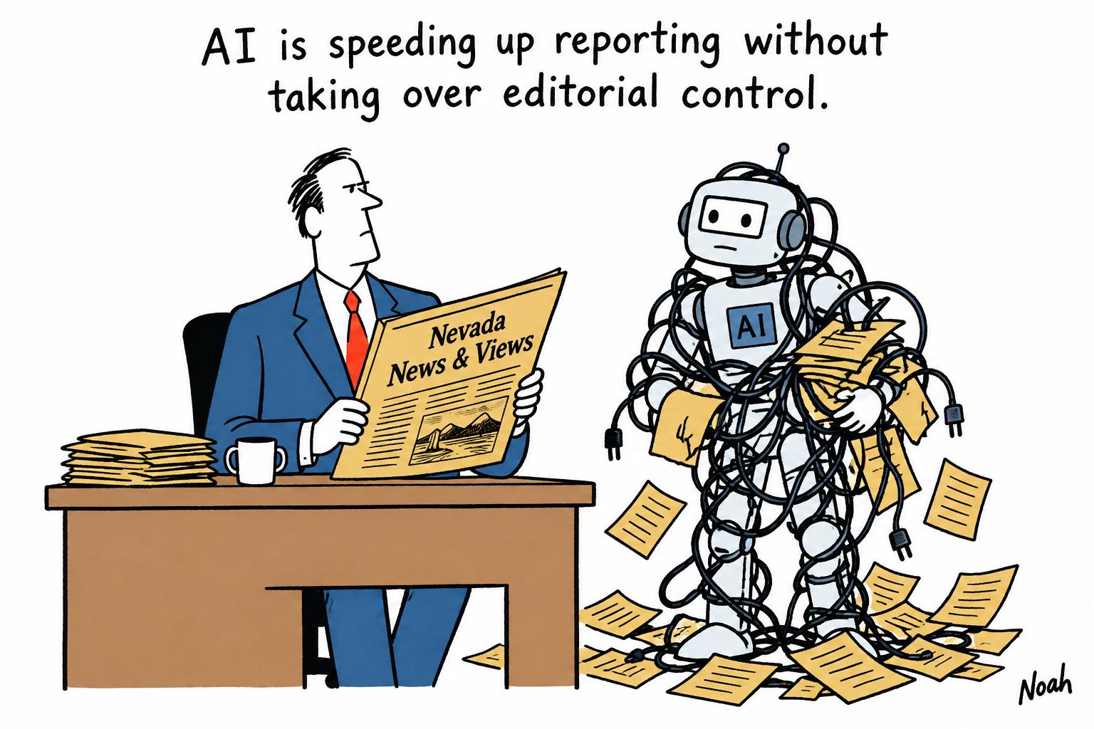 Editorial cartoon accompanying: As news traffic collapses, Nevada outlet puts AI to work without handing over editorial control
