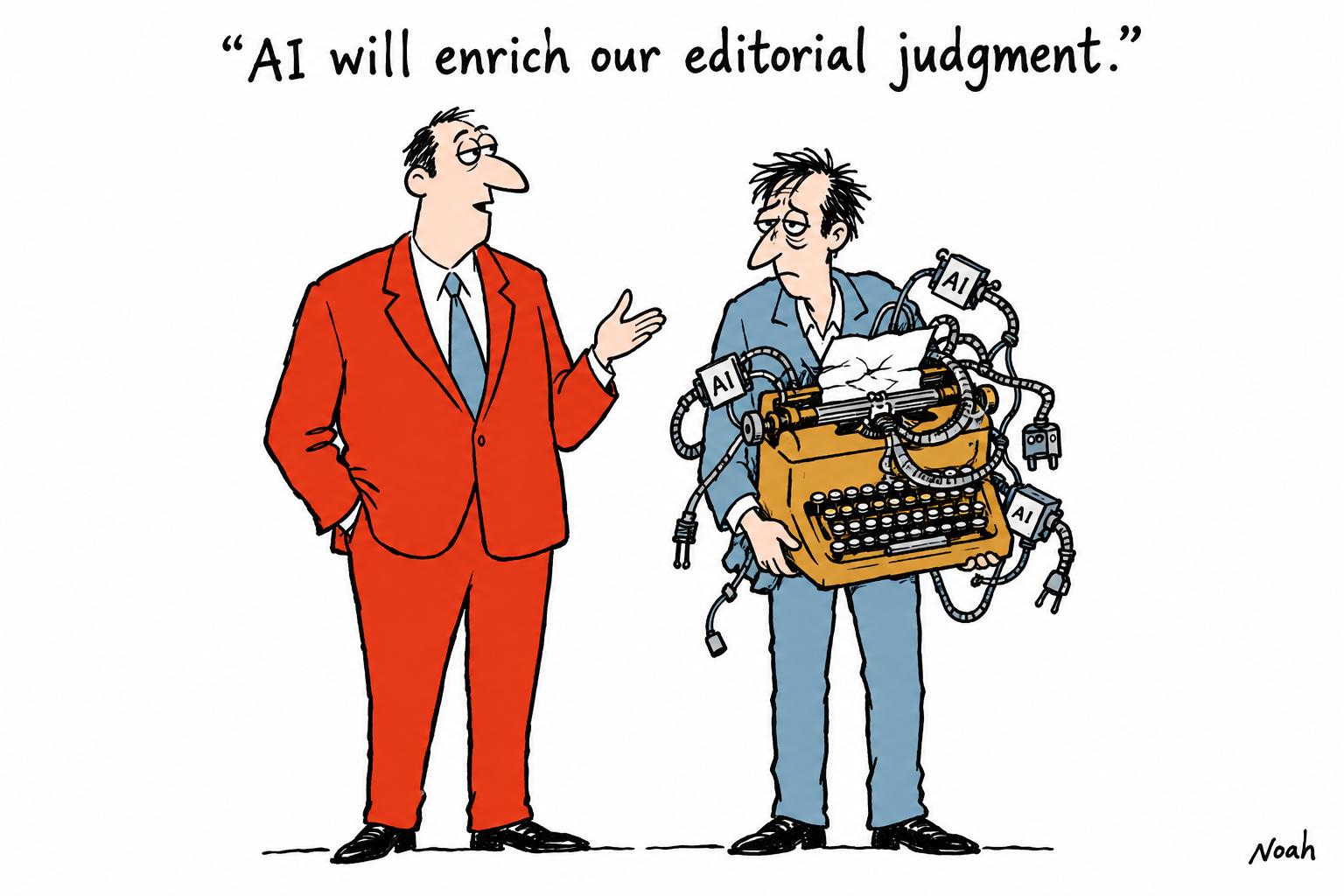 Editorial cartoon accompanying: EBRA’s AI drive puts the future of local journalism under scrutiny