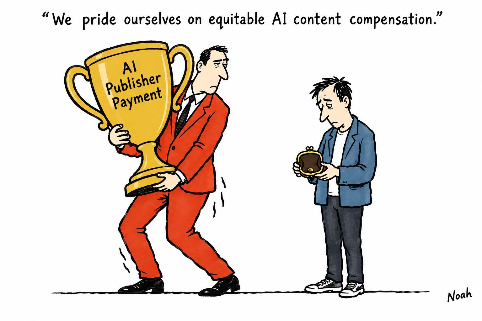 Editorial cartoon accompanying: Google’s secret AI publisher payments range from millions to less than $1,000