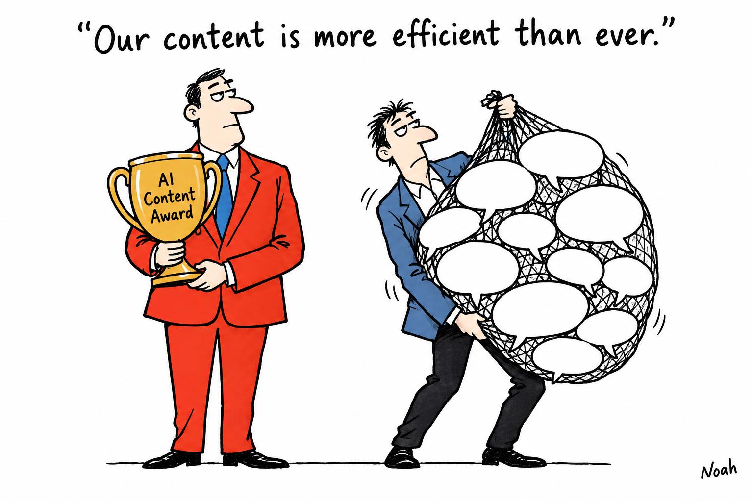 Editorial cartoon accompanying: AI-linked articles reach 18% of Russian media output as sourcing thins