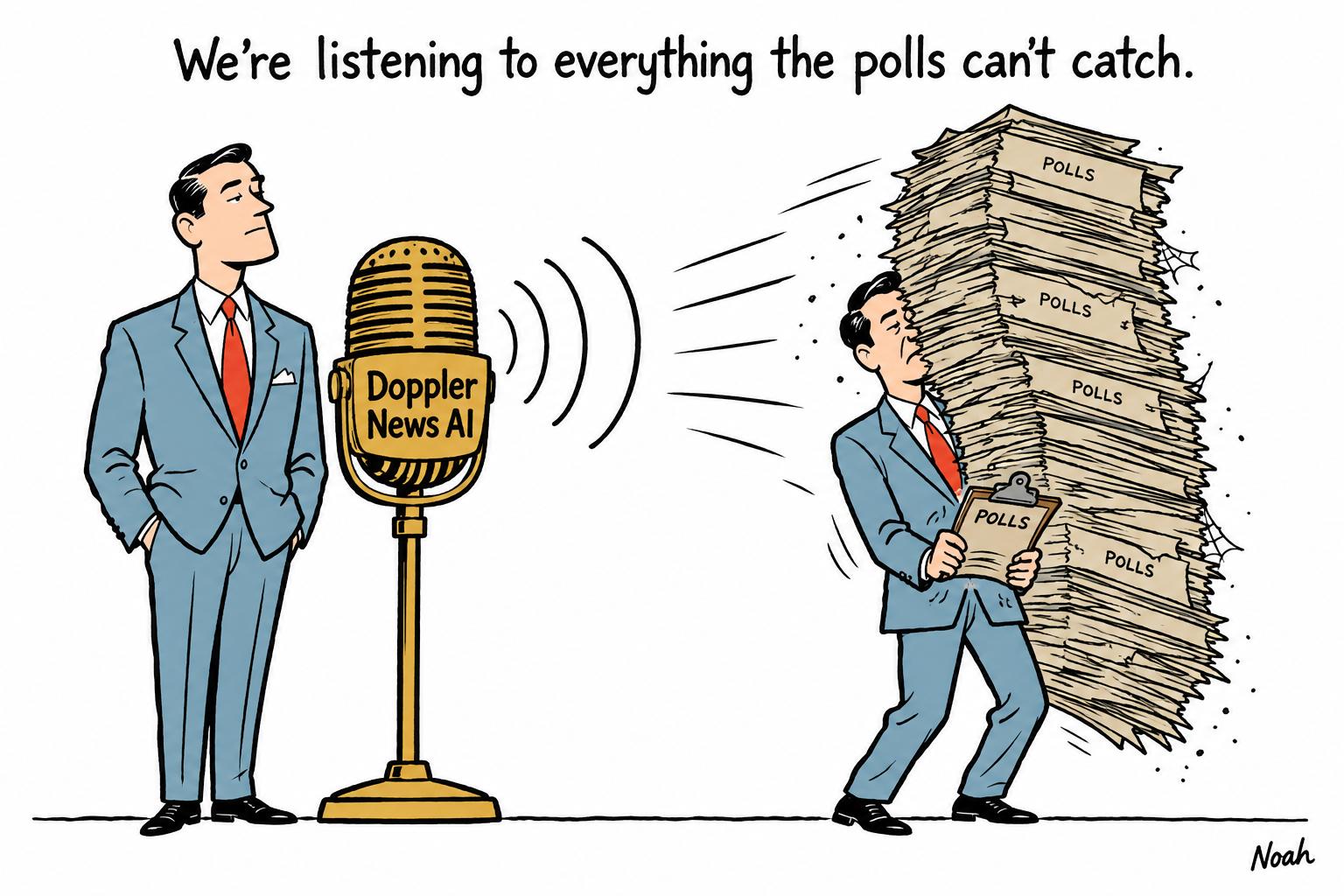 Editorial cartoon accompanying: WSJ’s Doppler AI listens beyond the polls for the issues shaping the 2026 midterms