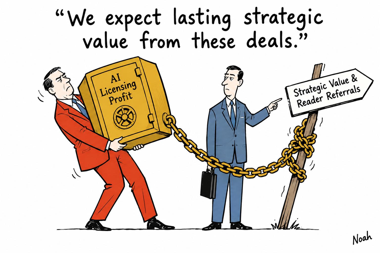 Editorial cartoon accompanying: The New York Times wants more than a cheque from AI licensing