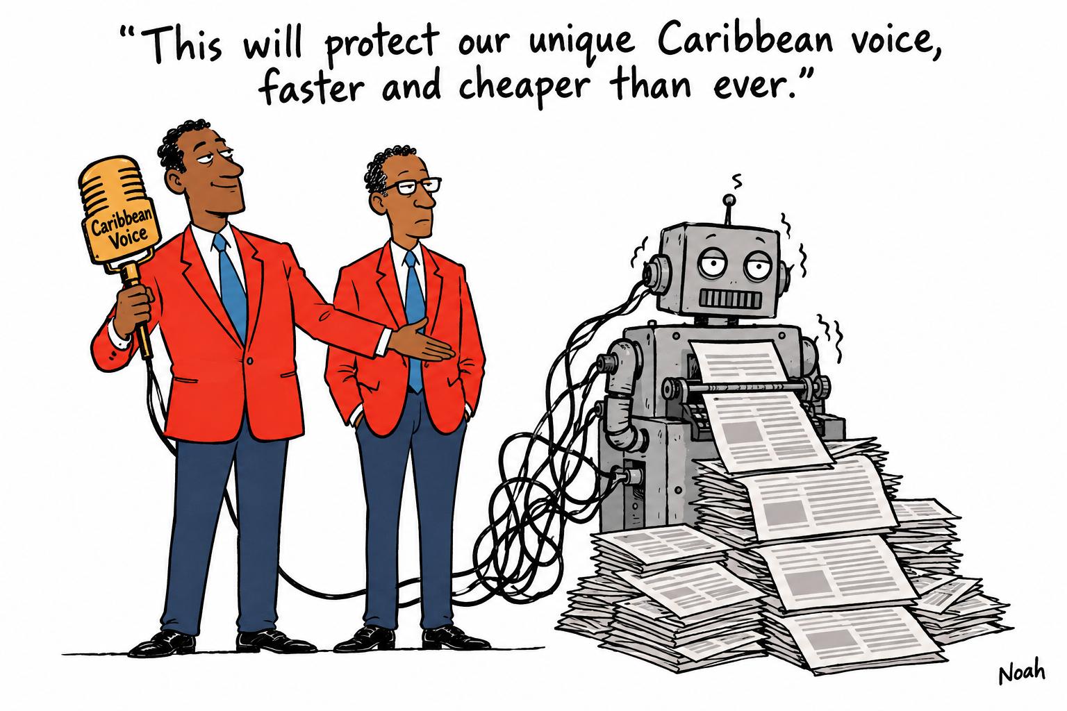 Editorial cartoon accompanying: Caribbean newsrooms face an AI race to protect the region’s voice