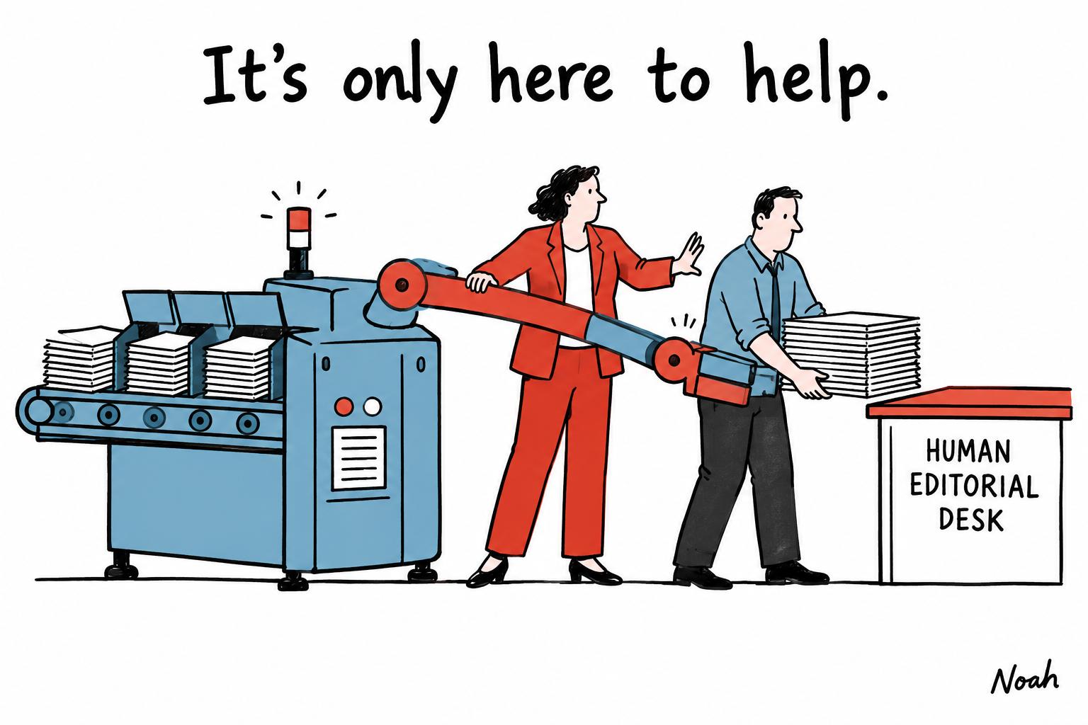 Editorial cartoon accompanying: Argentine newsrooms draw a line between AI support and editorial judgement