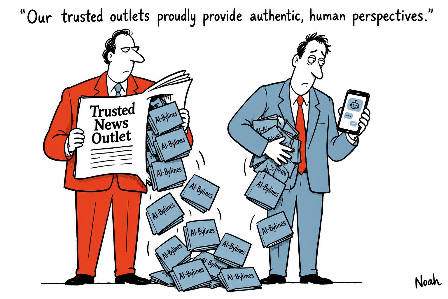 Editorial cartoon accompanying: AI-fed Iranian campaign put fake bylines inside trusted news outlets