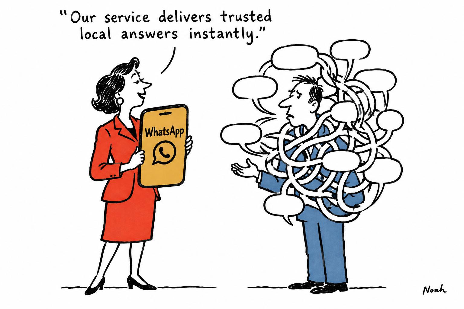 Editorial cartoon accompanying: AsAmNews pilots WhatsApp election service built on trusted local reporting