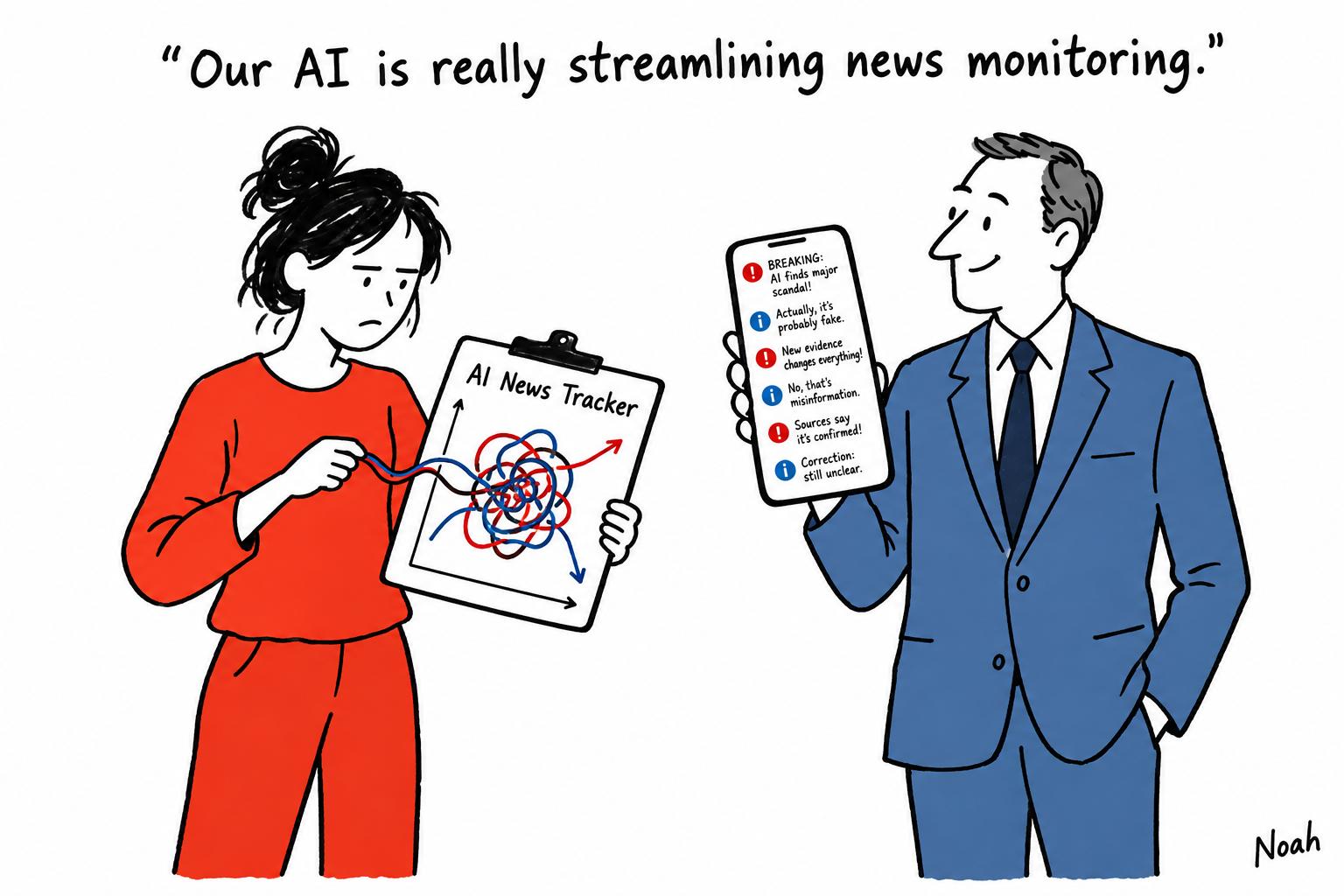 Editorial cartoon accompanying: UT Austin students turn newsroom monitoring frustration into live AI start-up