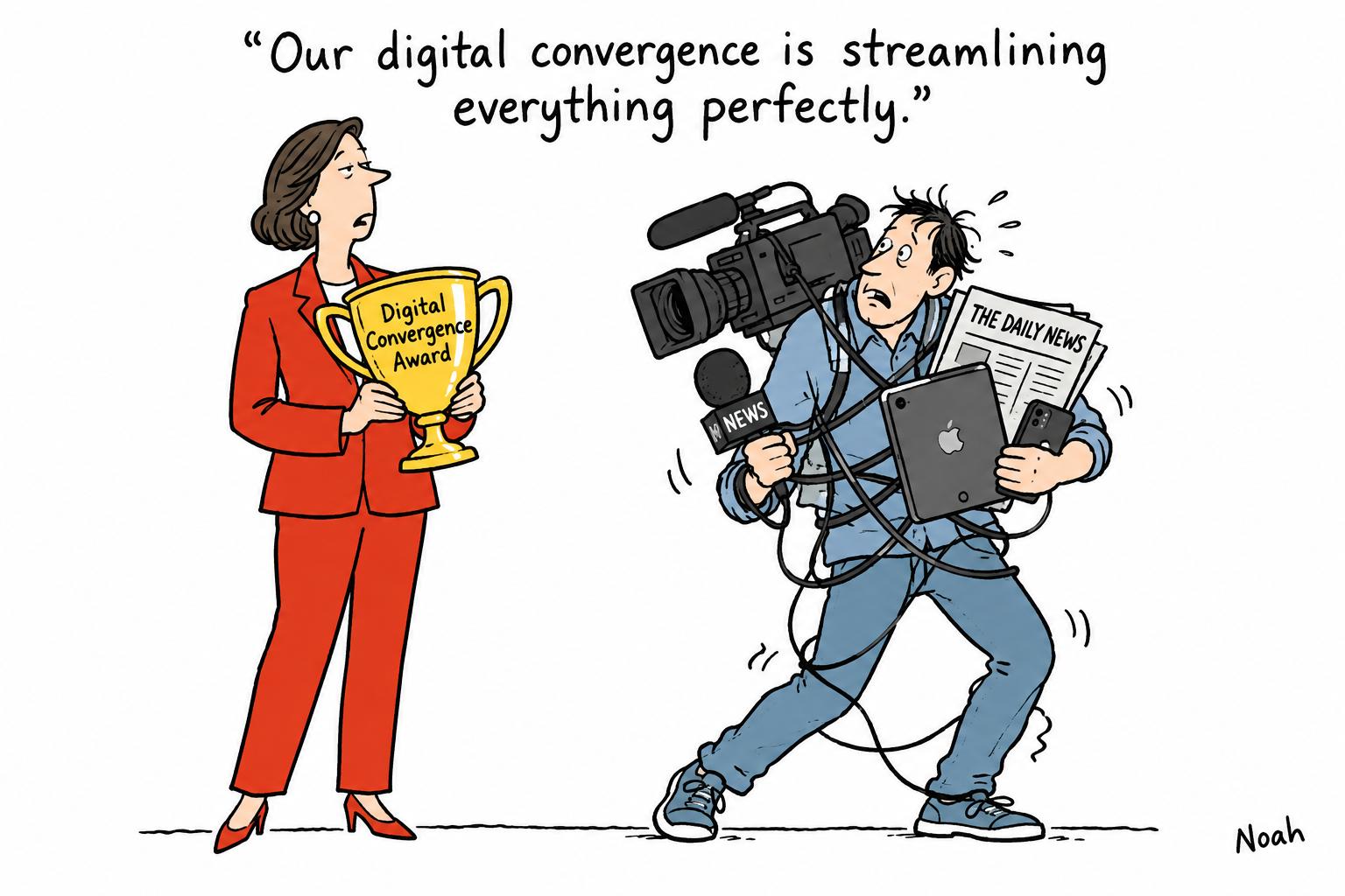 Editorial cartoon accompanying: Media Trust brings five newsrooms together in digital convergence drive