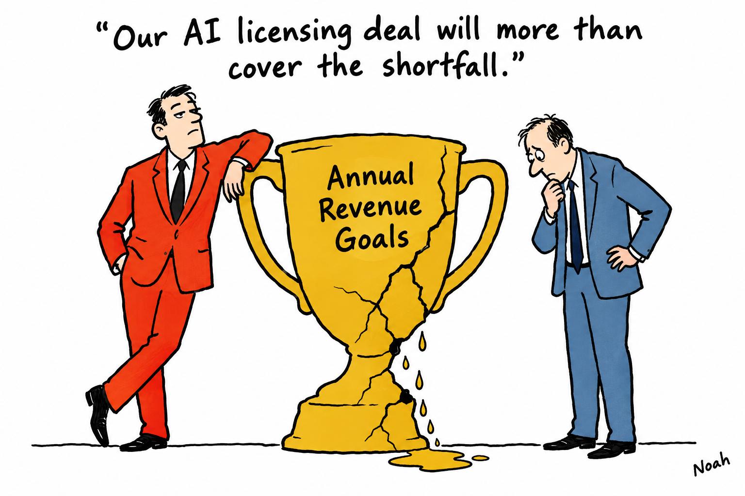 Editorial cartoon accompanying: Reach leans on AI licensing and cost cuts as Google traffic shock deepens