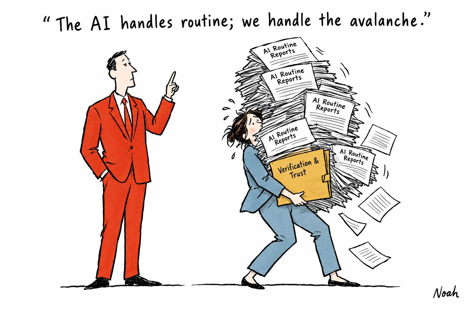 Editorial cartoon accompanying: AI newsrooms move from experiment to infrastructure as outlets chase speed and local coverage