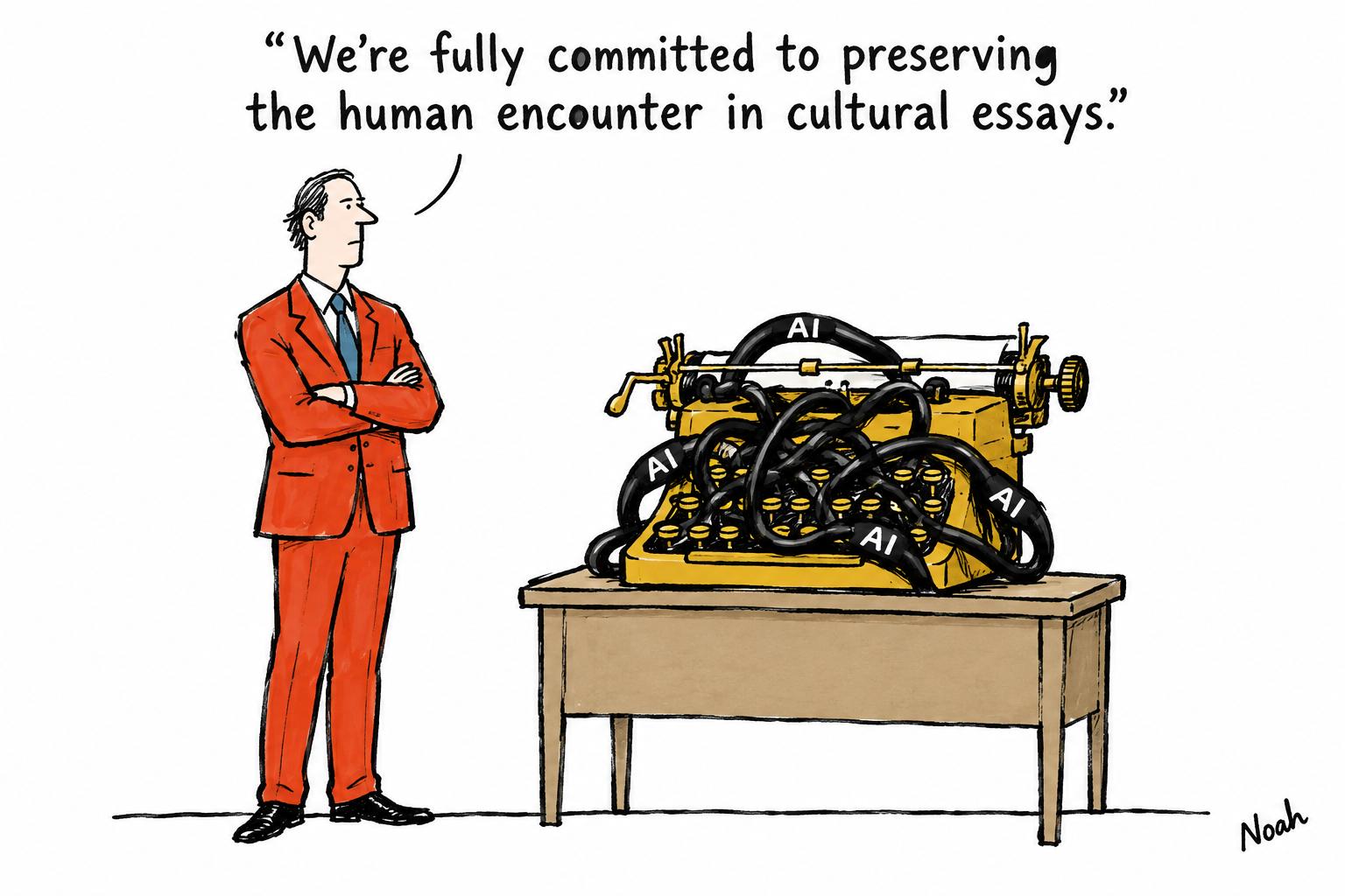 Editorial cartoon accompanying: Svenska Dagbladet pulls essay, exposing the new fault line over AI and trust