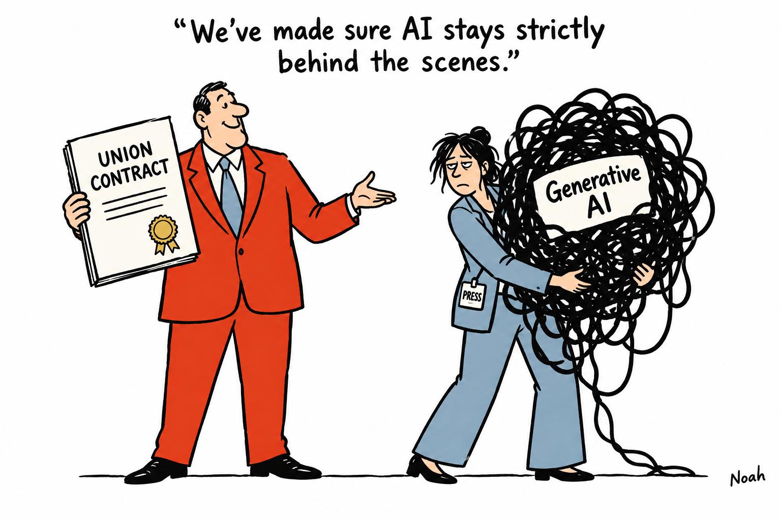 Editorial cartoon accompanying: Current Affairs makes its AI ban part of the union contract