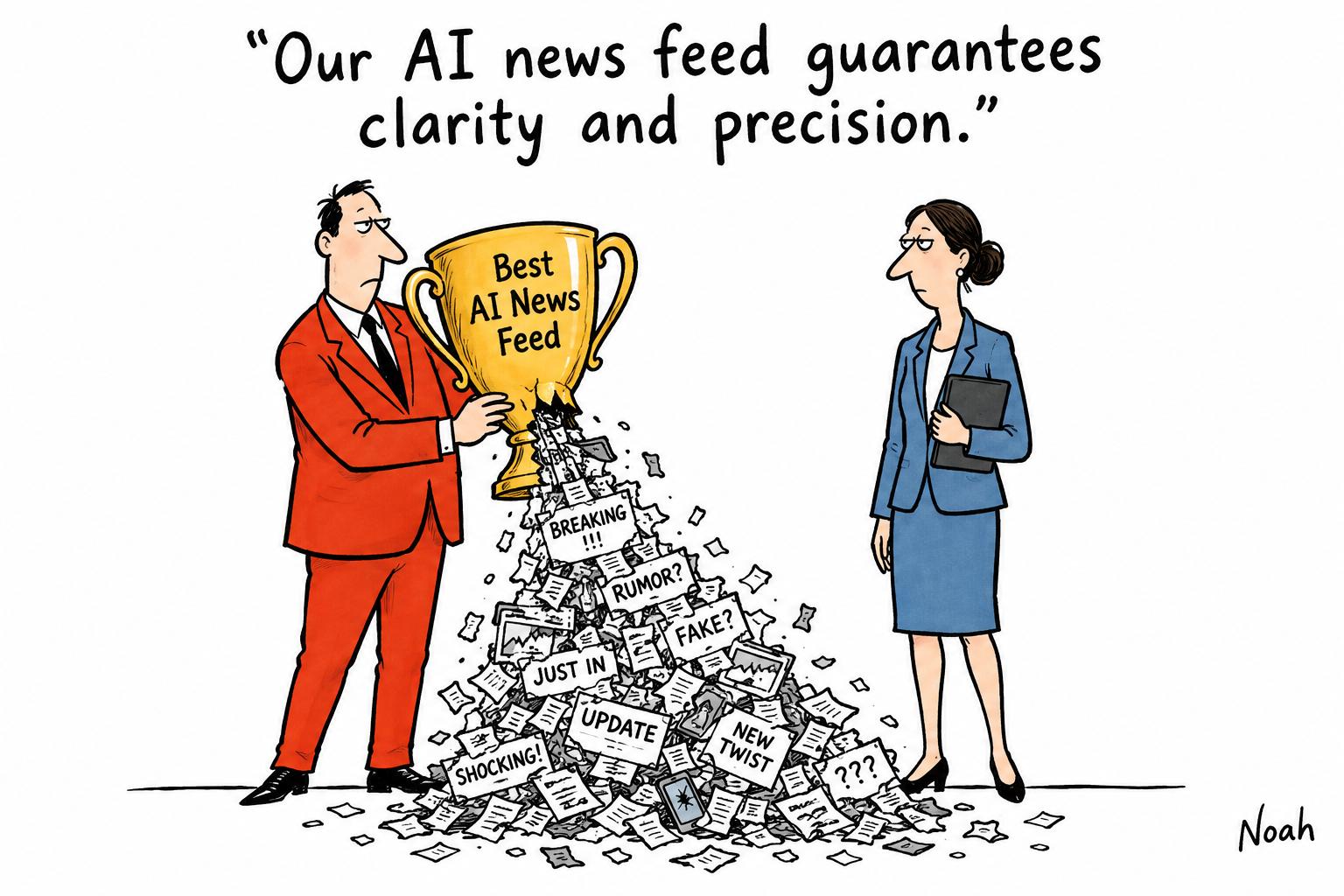 Editorial cartoon accompanying: Publishers race to win a place in AI-generated news briefings