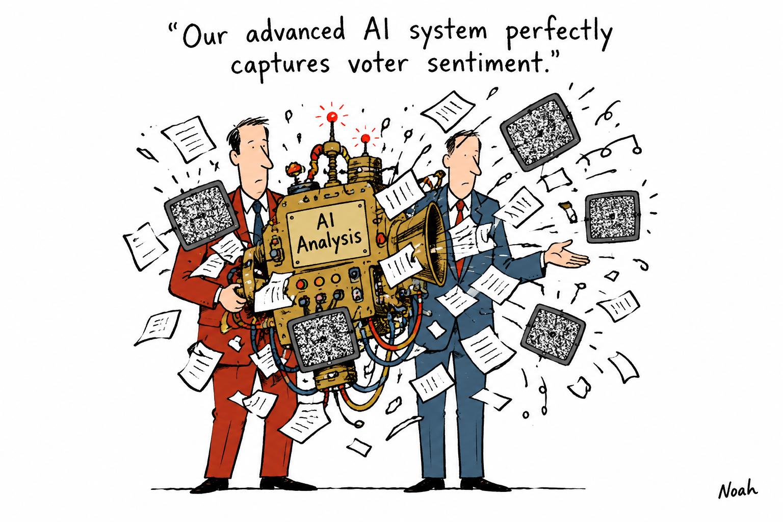 Editorial cartoon accompanying: Wall Street Journal turns AI analysis of millions of social posts into election coverage