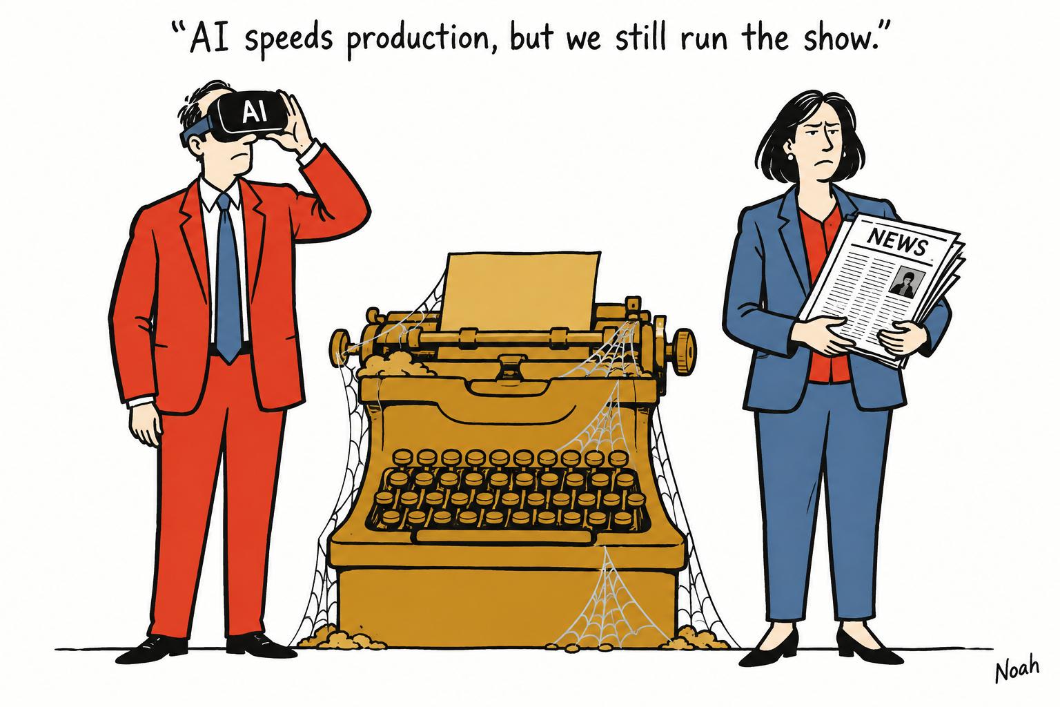 Editorial cartoon accompanying: Newsroom AI is speeding up production, not replacing editorial judgement