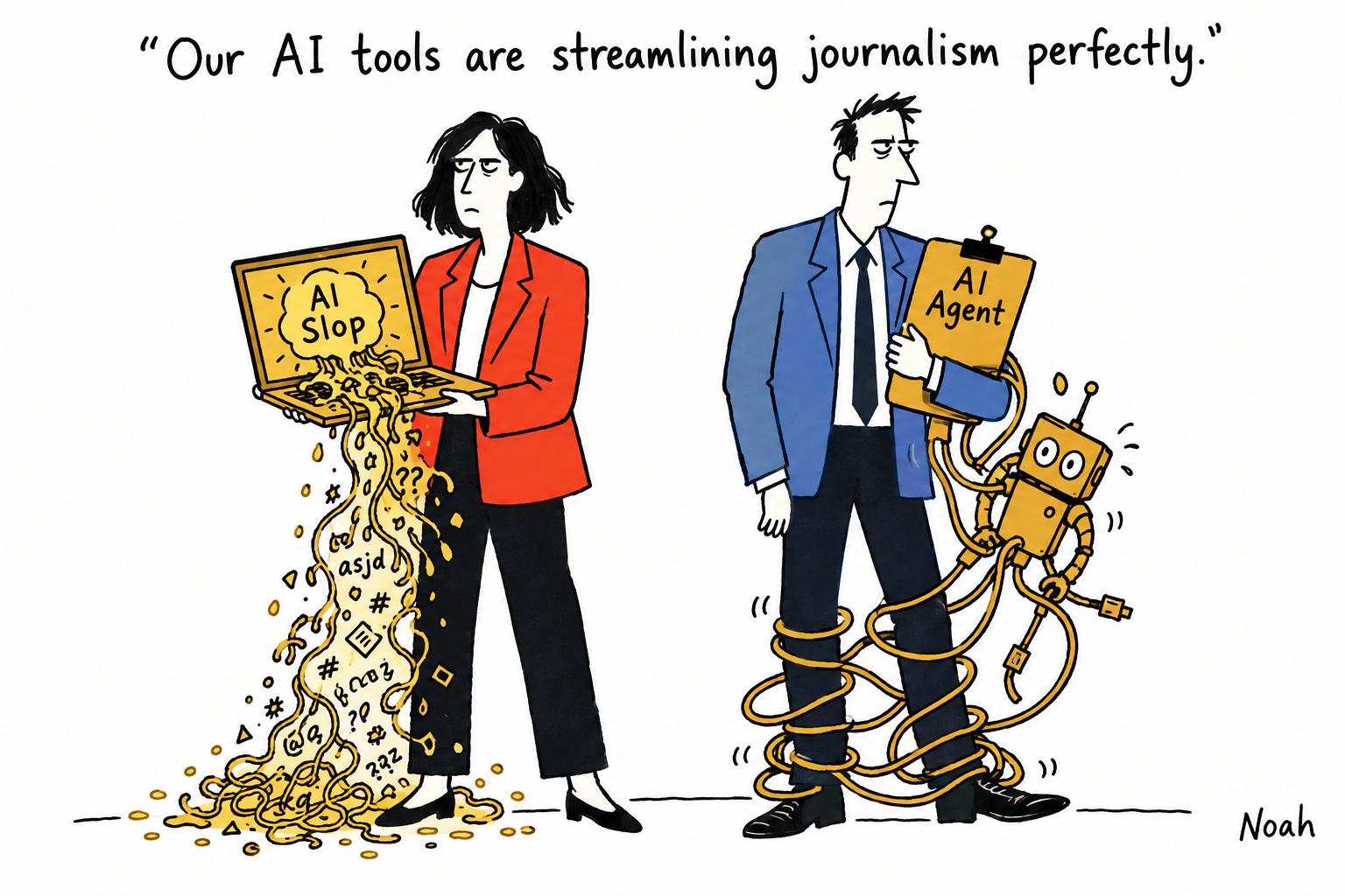 Editorial cartoon accompanying: ‘AI slop’, ‘AI agent’ and ‘vibe coding’ make the leap into mainstream journalism