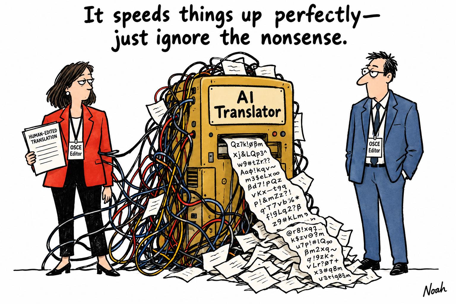Editorial cartoon accompanying: Central Asian newsrooms put AI on a short leash
